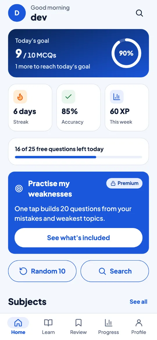 Prepimo home screen showing subjects and daily progress